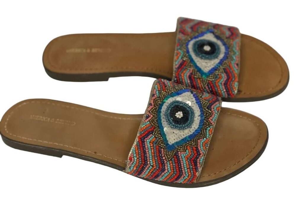 America & Beyond Evil Eye Beaded Slide Sandals Boho Flat Shoes, EU 39 Costumes